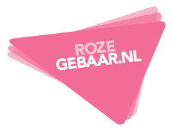 Logo van Roze Gebaar. Roze gebaar is de online gemeenschap van, voor en door dove en slechthorende lesbische vrouwen, homoseksuele mannen, biseksuelen, transgender en intersekse personen (lhbti's) in heel Nederland.